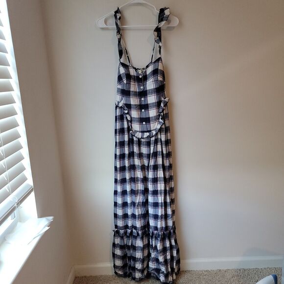 Max Studio Maxi Dress Small Plaid Blue White Button Smocked Padded Milk Maid - Picture 1 of 8